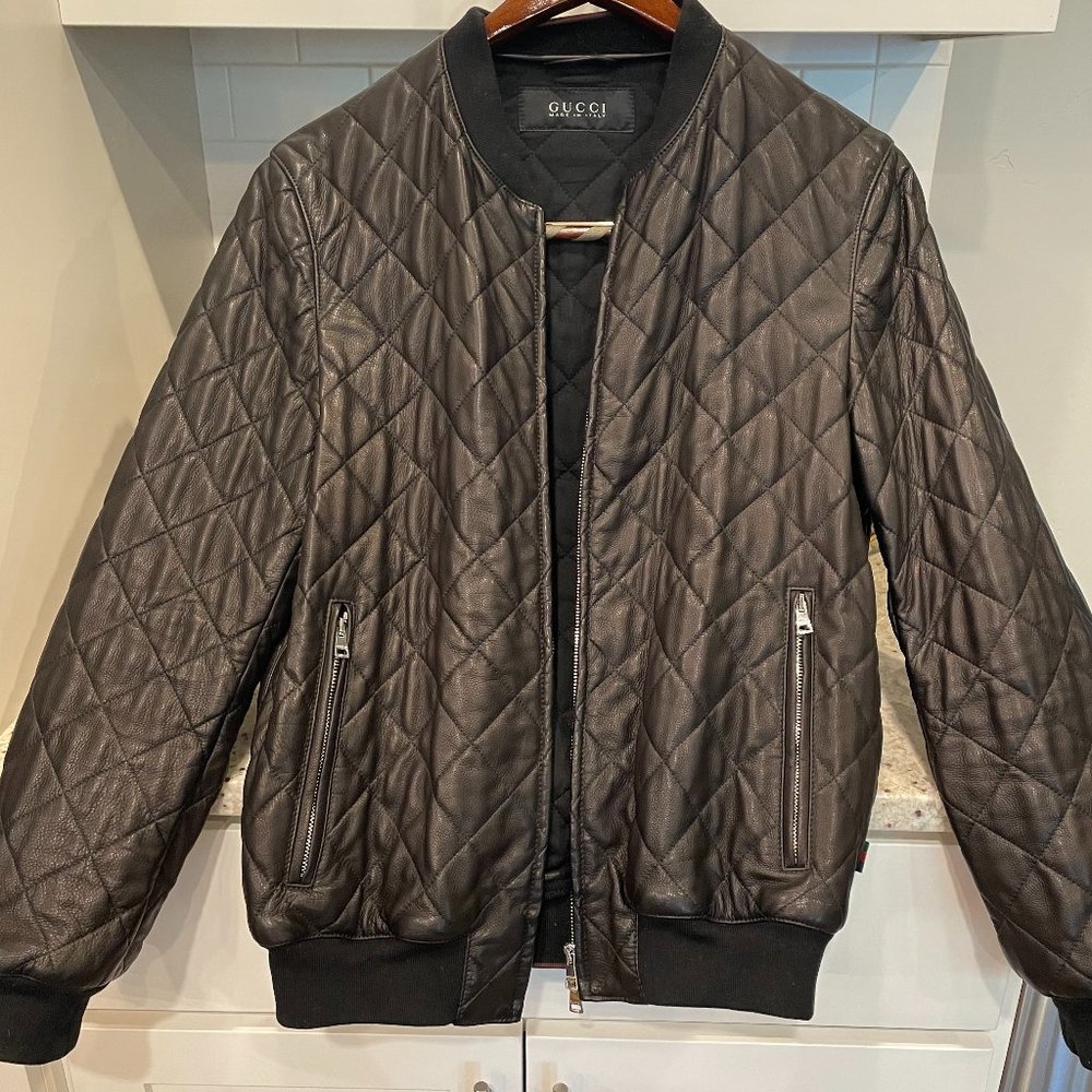 Gucci Black Leather Pleated Jacket Size 50